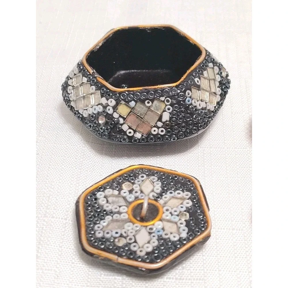Hand Made Mosaic Beaded Bejeweled Tin And Wood Jewelry Trinket Boxes Lot Of 3